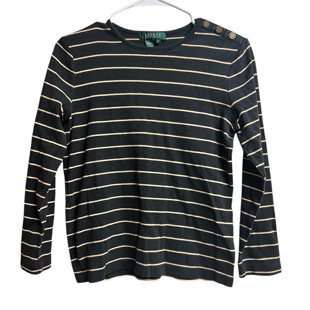 Lauren Ralph Lauren Women's Black Tan Striped Cotton Blouse Buttons Medium